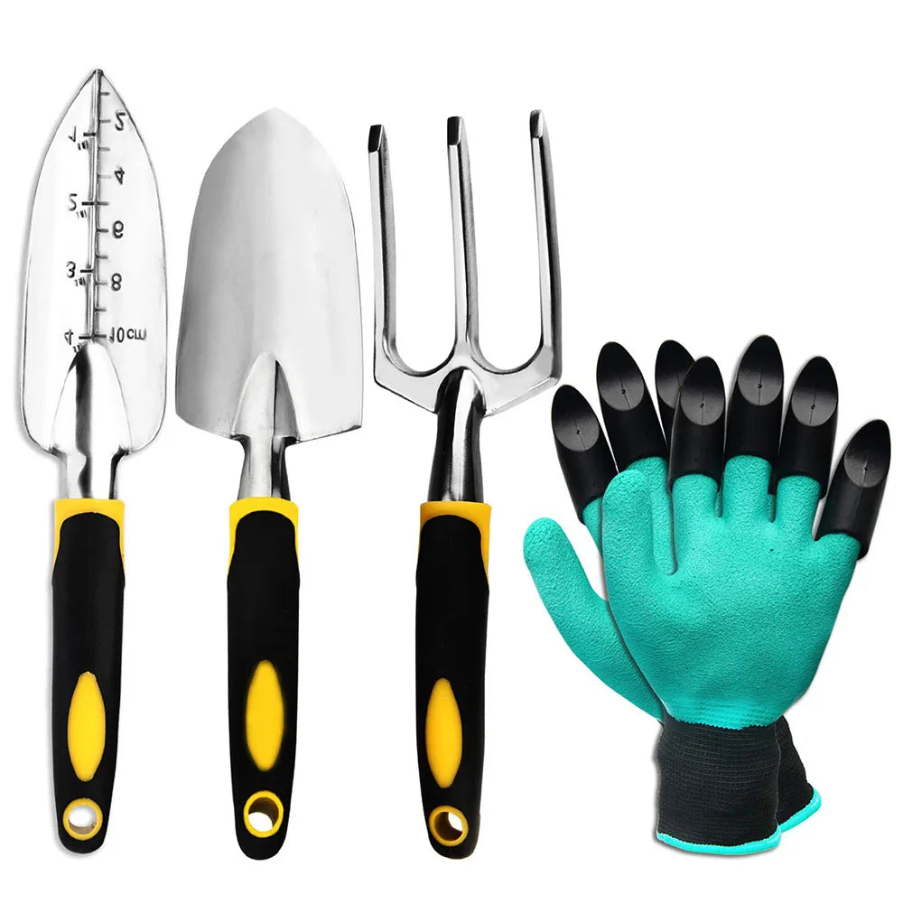 4 pack Garden Tool Set with Trowel x2 , Cultivator Hand Rake, Gardening Gloves with grip for weeding.