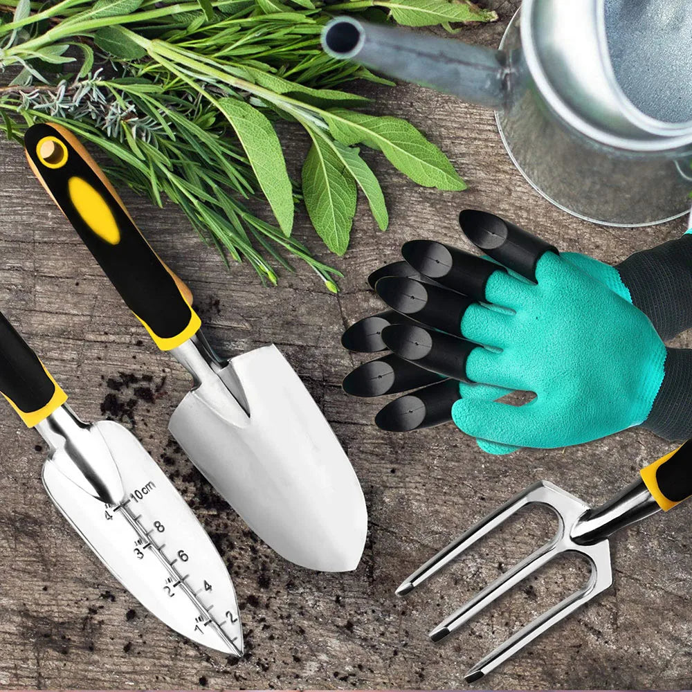 4 pack Garden Tool Set with Trowel x2 , Cultivator Hand Rake, Gardening Gloves with grip for weeding.