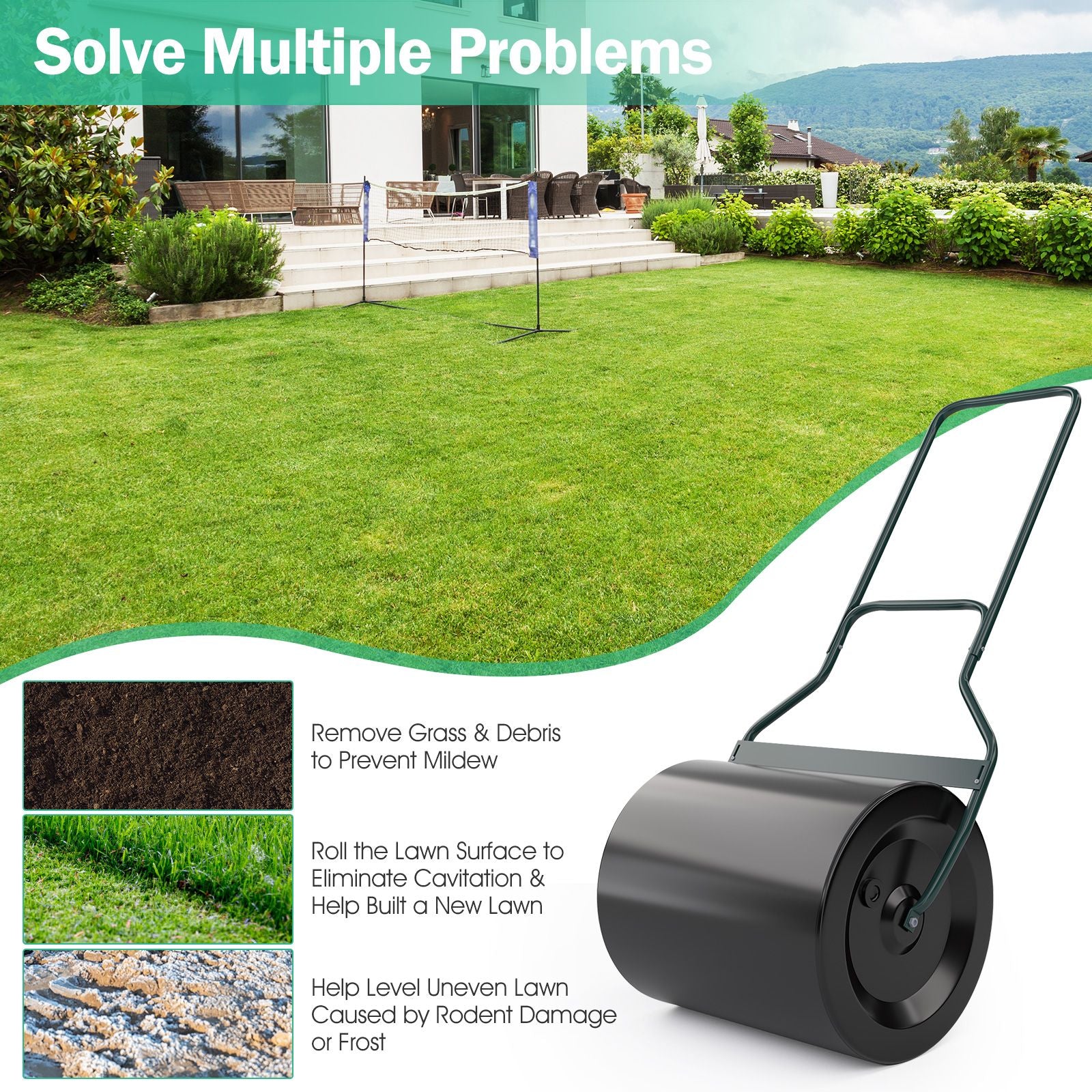 60L Garden Lawn Roller with U-Shaped Handle and Removable Drain Plug